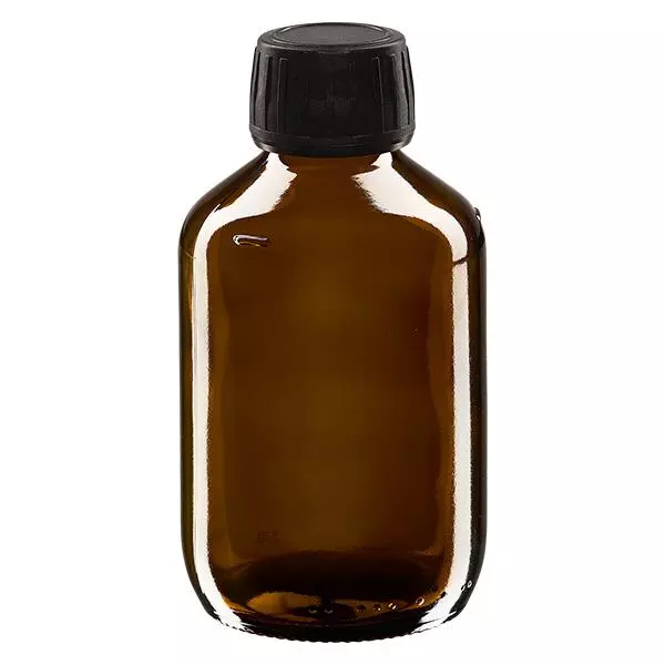 Butelka na lek 200 ml brązowa, czarna zakrętka z pierścieniem zabezpieczającym ApoGlas. Farmaceutyczna jakość produkcji UE. Gwint 28 mm (PP28). (syrop, butelka z lekkiego szkła) Butelka na lek 200 ml brązowa, czarna zakrętka z pierścieniem zabezpieczającym ApoGlas. Farmaceutyczna jakość produkcji UE. Gwint 28 mm (PP28). (syrop, butelka z lekkiego szkła)