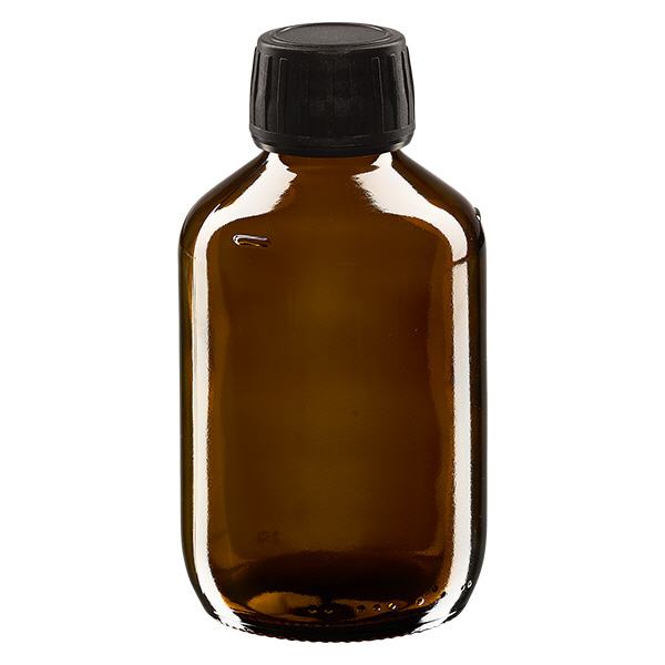 Butelka na lek 200 ml brązowa, czarna zakrętka z pierścieniem zabezpieczającym ApoGlas. Farmaceutyczna jakość produkcji UE. Gwint 28 mm (PP28). (syrop, butelka z lekkiego szkła) Butelka na lek 200 ml brązowa, czarna zakrętka z pierścieniem zabezpieczającym ApoGlas. Farmaceutyczna jakość produkcji UE. Gwint 28 mm (PP28). (syrop, butelka z lekkiego szkła)