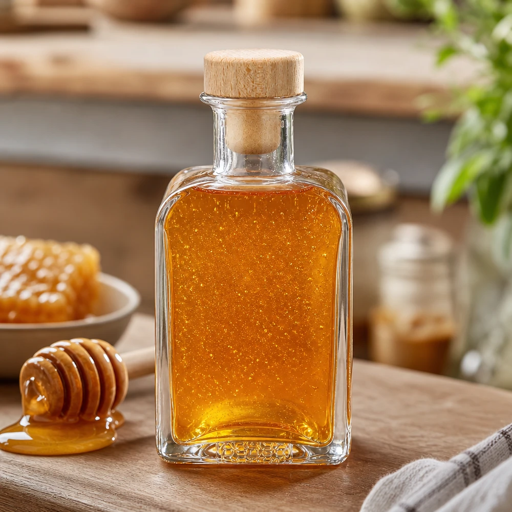 200ml Szklana butelka Clara wypełniona miodem Drewniany korek Łyżeczka do miodu Wosk pszczeli Naturalny słodzik Akcesoria kuchenne