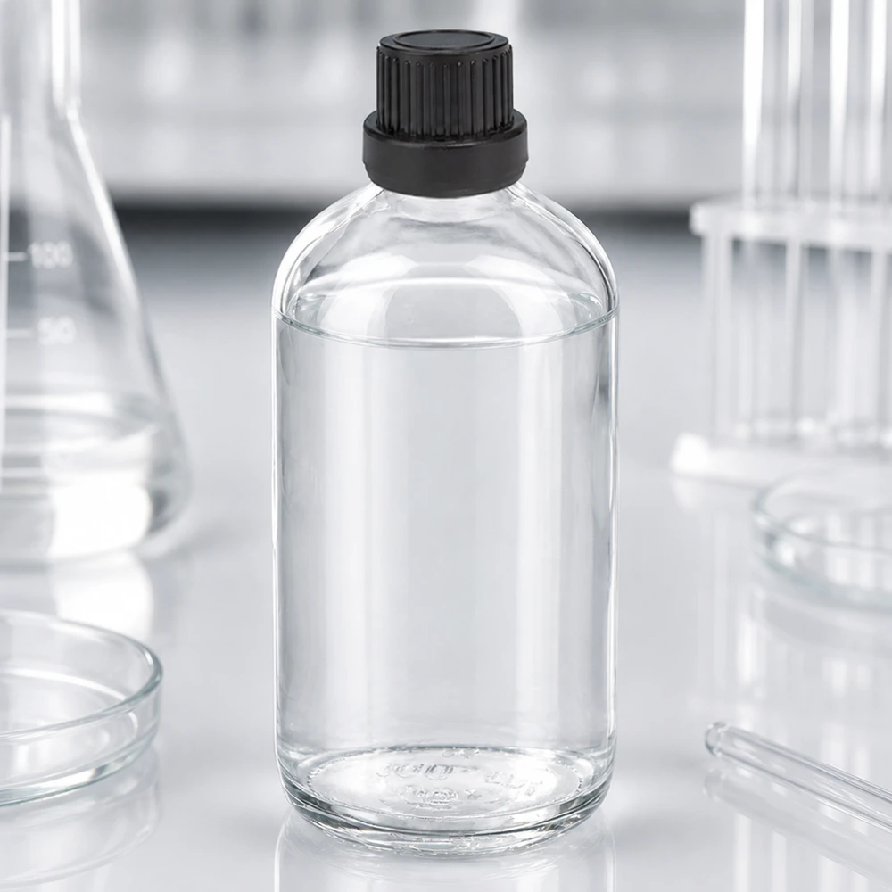 Cylindryczna butelka laboratoryjna o pojemności 100 ml z otworem kroplowym 2 mm i czarnym zamknięciem OV ClearLine