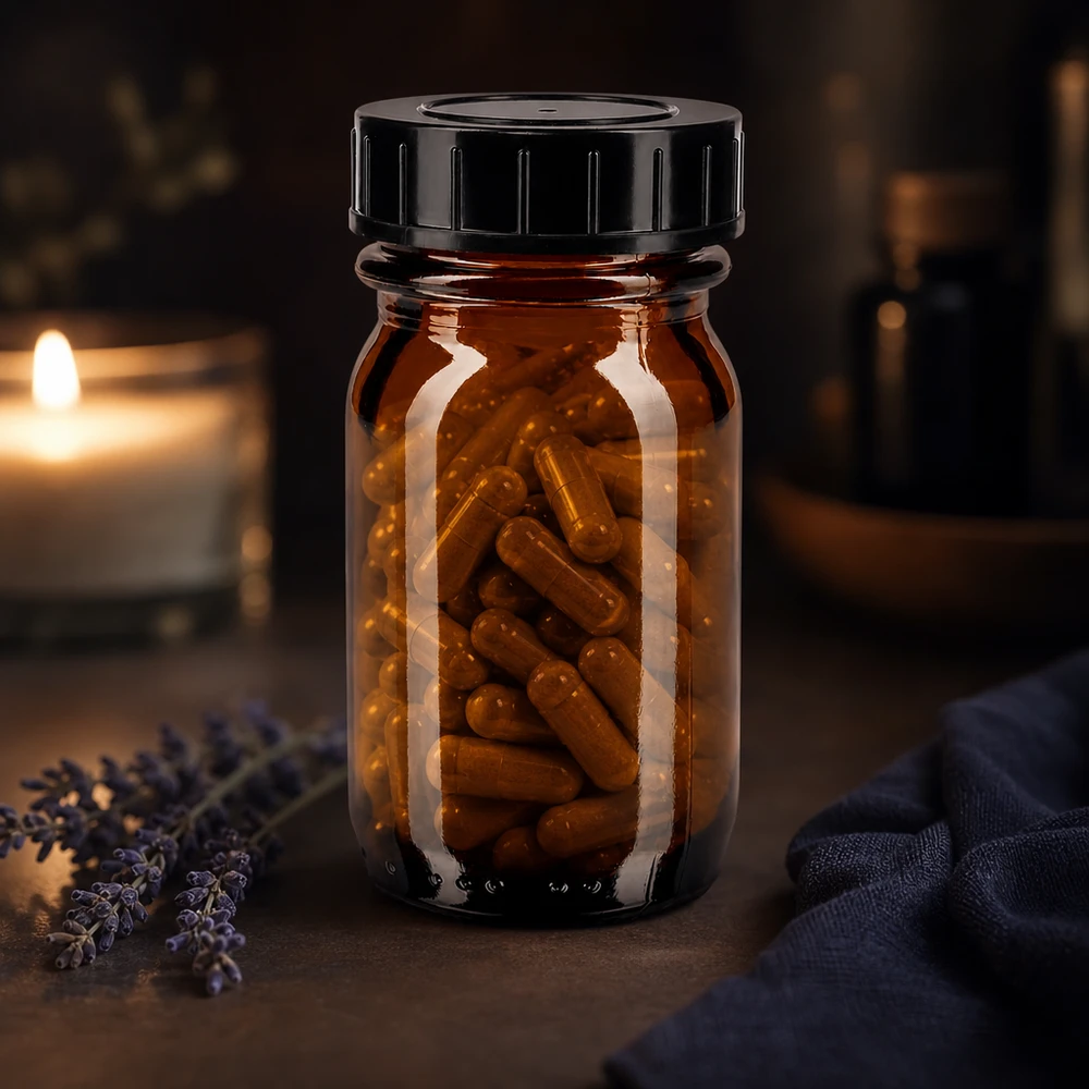 Butelka z szeroką szyjką o pojemności 30 ml z bursztynowego szkła z zakrętką Bursztynowa szklana butelka z szeroką szyjką 30 ml z zakrętką do kapsułek i tabletek
