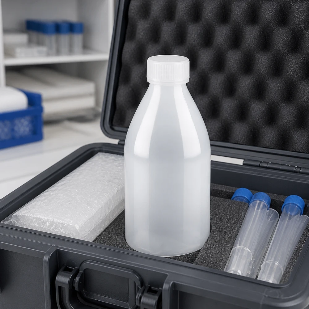 Butelka laboratoryjna 100 ml z wąską szyjką bez zakrętki Butelki o pojemności 100 ml z wąską szyjką, bez nakrętek, w walizce transportowej z wyściółką z pianki i wkładem chłodzącym