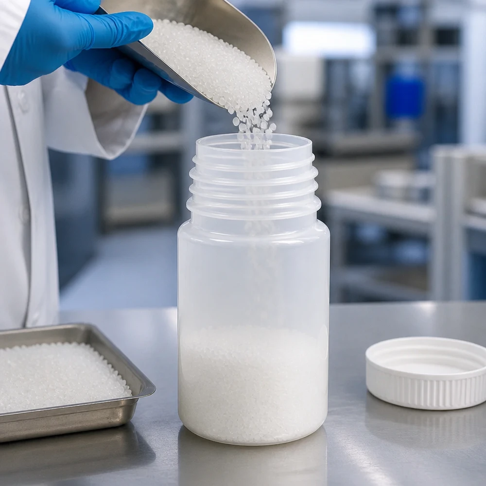 Technik laboratoryjny napełnia biały granulat z tworzywa sztucznego metalową łopatką do 50 ml butelki laboratoryjnej z szeroką szyjką