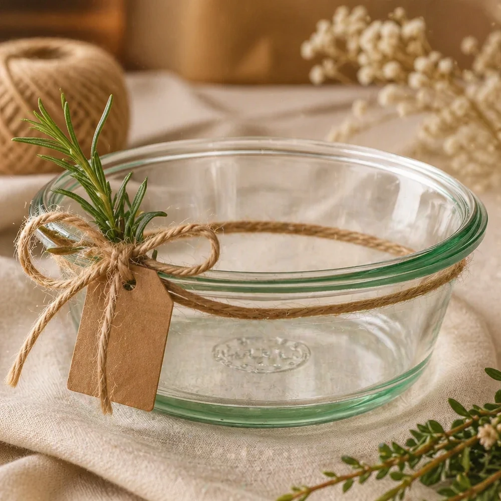 Słoik dla smakoszy WECK RR120 o pojemności 300 ml Słoik WECK RR120 gourmet 300ml dekoracyjny ze sznurkiem jutowym, ziołami i zawieszką jako pomysł na prezent