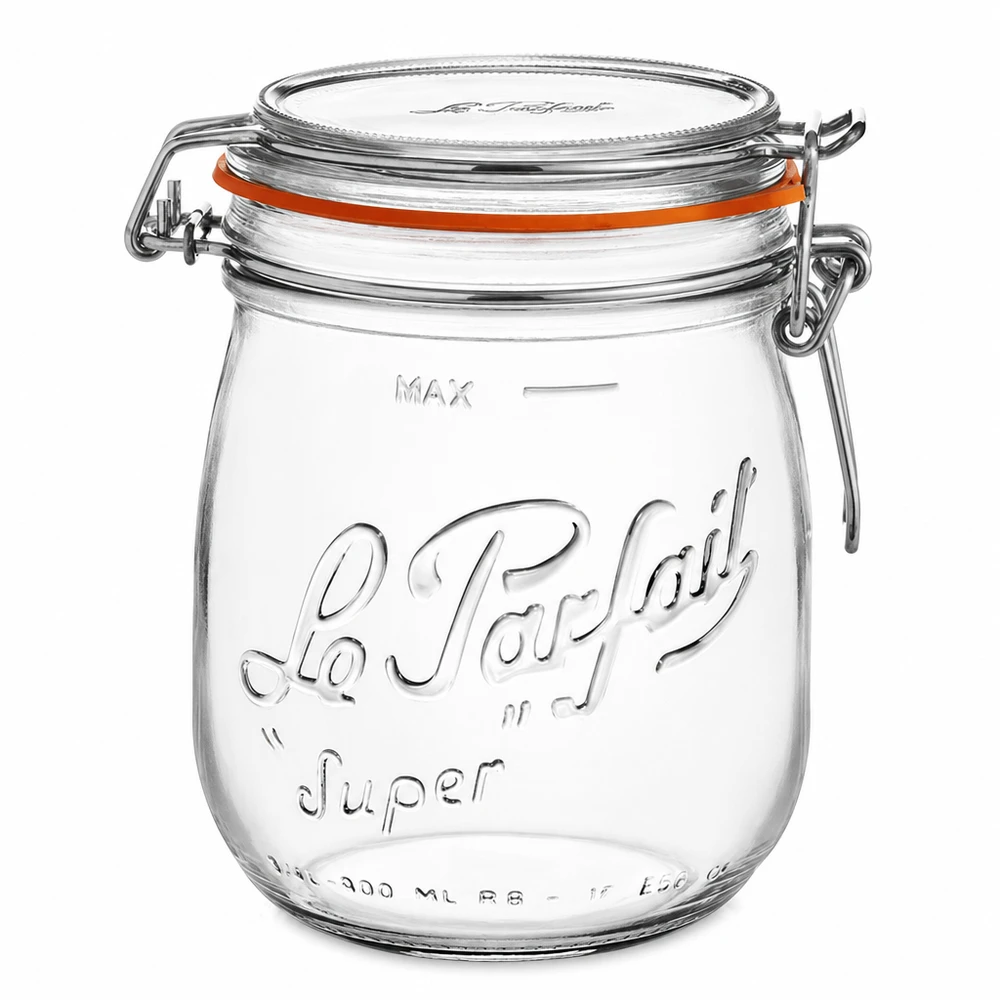 Słoik do przechowywania 750 ml Le Parfait Super z uchylną pokrywką i gumową uszczelką z przezroczystego szkła do kuchni