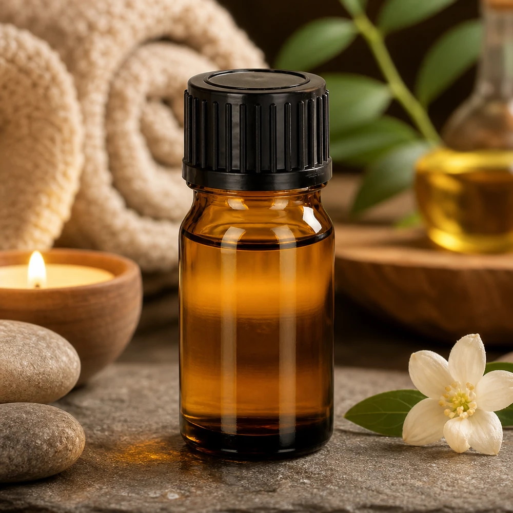Kompaktowa szklana butelka o pojemności 5 ml w kolorze brązowym z czarną nakrętką do mobilnej aromaterapii w podróży