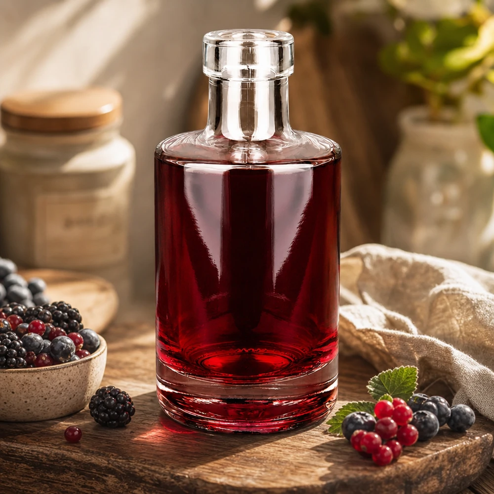 200ml szklana butelka Marie wypełniona likierem jagodowym rustykalna dekoracja kuchenna ze świeżymi jagodami Przykład użycia