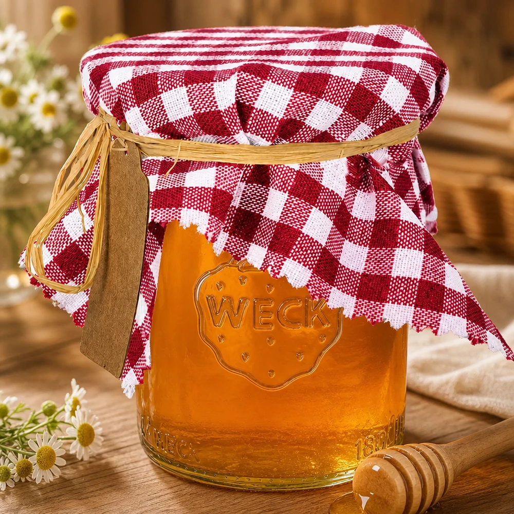 Słoik na miód z ozdobną pokrywką w kolorze bordo, kwadrat o boku 15 cm i łyżka do miodu na drewnianej podstawie