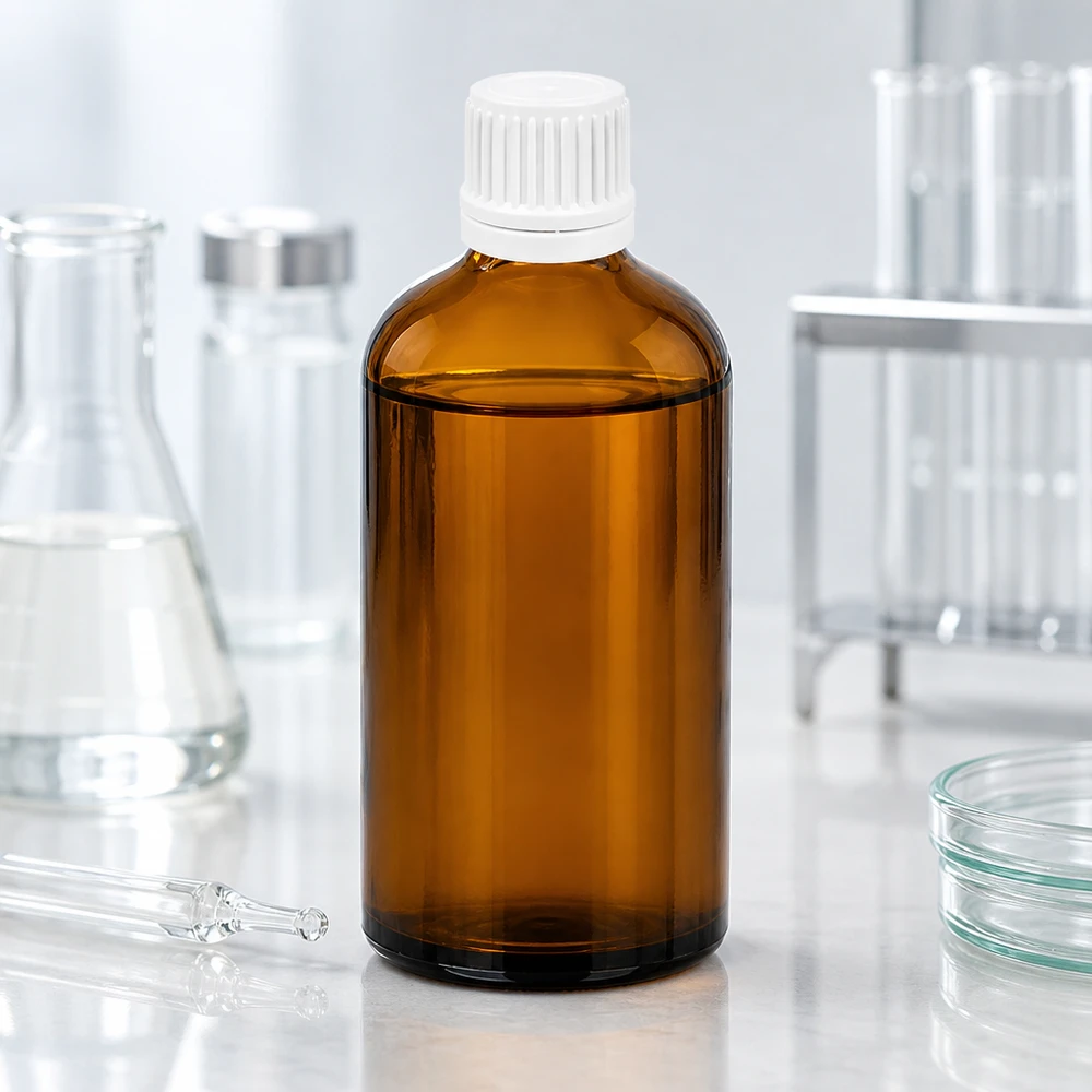 Butelka laboratoryjna o pojemności 100 ml wykonana z bursztynowego szkła chroniącego przed promieniowaniem UV z białą nakrętką z zabezpieczeniem przed manipulacją.