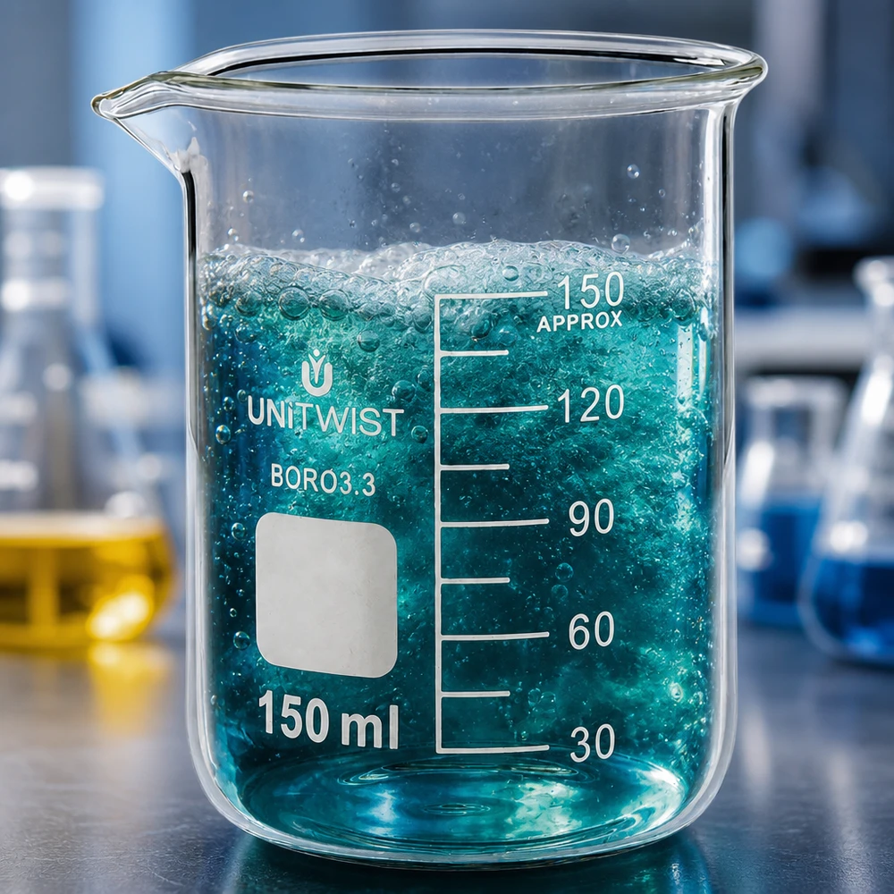 Zlewka 150 ml borokrzemianowa, niski kształt UNiTwist Szklanka UNiTwist o pojemności 150 ml, wykonana ze szkła borokrzemowego 3.3, o niskim profilu, z pienistą niebieską cieczą i pęcherzykami powietrza