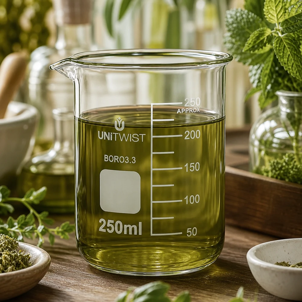 Szklanka UNiTWIST o pojemności 250 ml, o niskim kształcie, z zielonym ekstraktem ziołowym, otoczona świeżymi ziołami leczniczymi