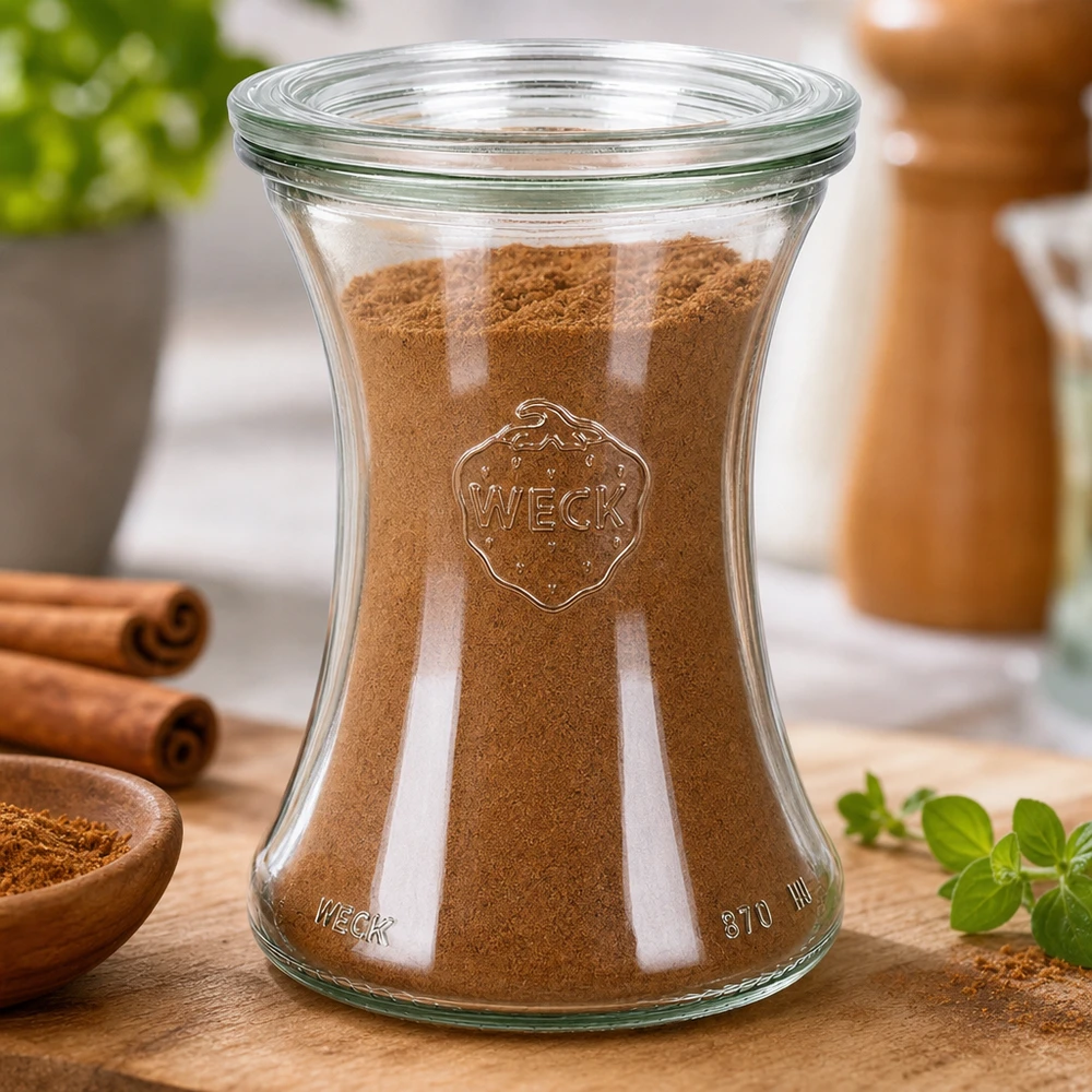 Słoik delikatesowy o pojemności 370 ml z szklaną pokrywką WECK RR80 WECK Delikatessenglas 370ml RR80 mit Zimt gefüllt zeigt perfekte Gewürzaufbewahrung in stilvollem Glasdesign