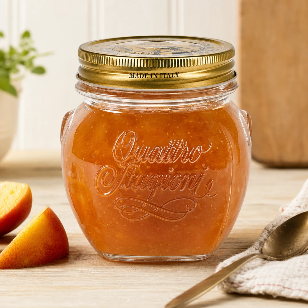 Słoik okrągły 300 ml „Quattro Stagioni” z pokrywką 300ml Quattro Stagioni Rundglas mit goldenem Deckel gefüllt mit Marmelade auf Holztisch neben Orangenscheiben