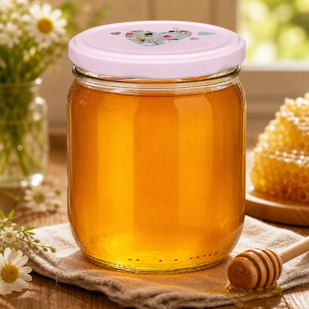 Miód w okrągłym słoiku 425 ml z różową pokrywką w kształcie serca i łyżeczką miodu z naturalną dekoracją w kształcie plastra miodu.