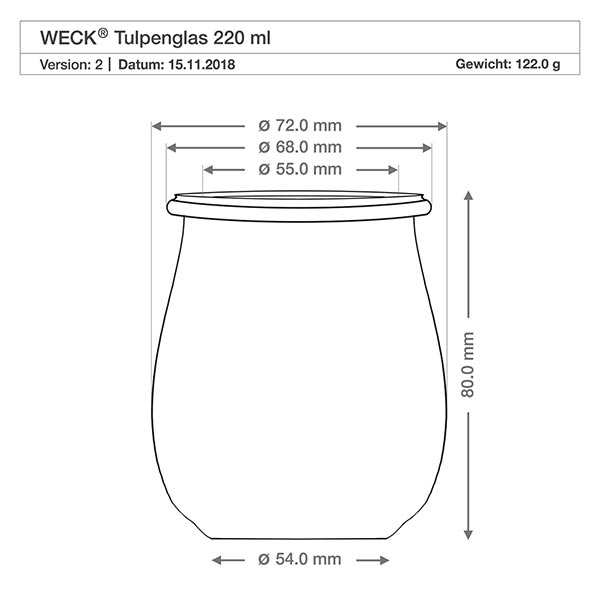 220ml słoik tulipan WECK RR60 z drewnianą kulką buk WECK słoik tulipan 220ml RR60 rysunek techniczny z wymiarami, średnicą i wysokością w milimetrach