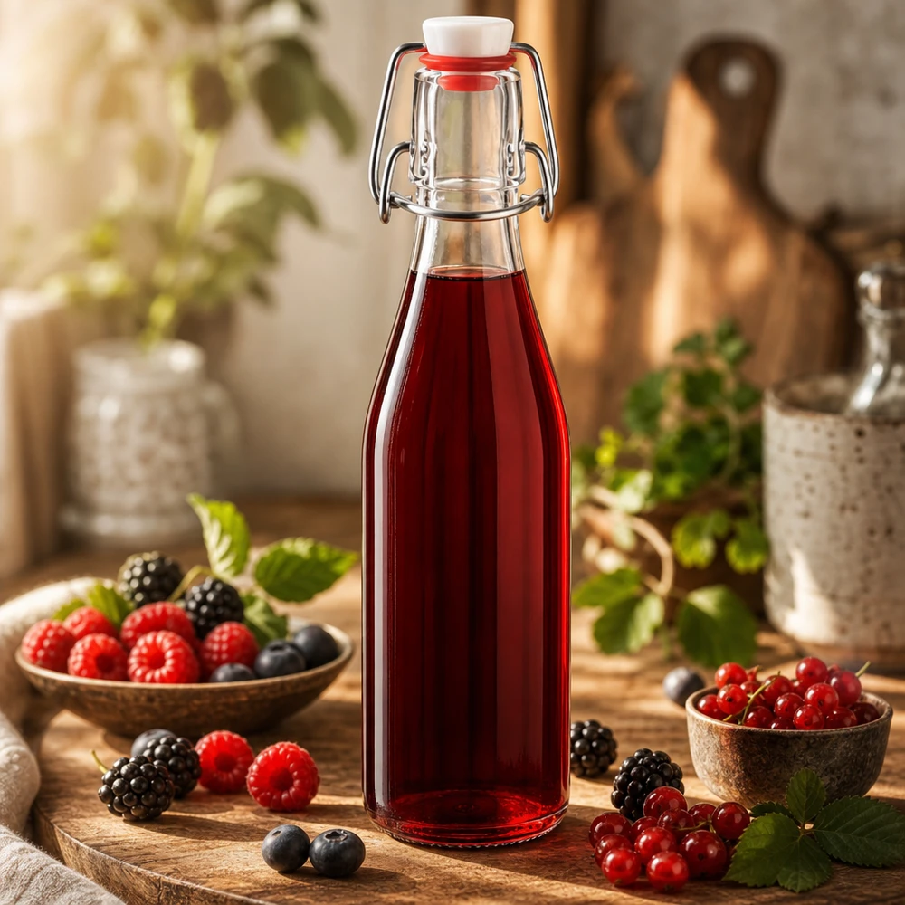 Szklana butelka o pojemności 250 ml wypełniona sokiem z czerwonych jagód, otoczona świeżymi jagodami w rustykalnej kuchni