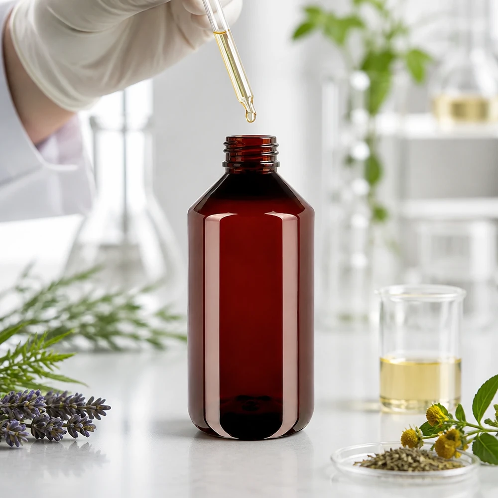 Brązowa butelka PET o pojemności 750 ml z pipetą kroplową w nowoczesnym laboratorium, otoczona ziołami leczniczymi