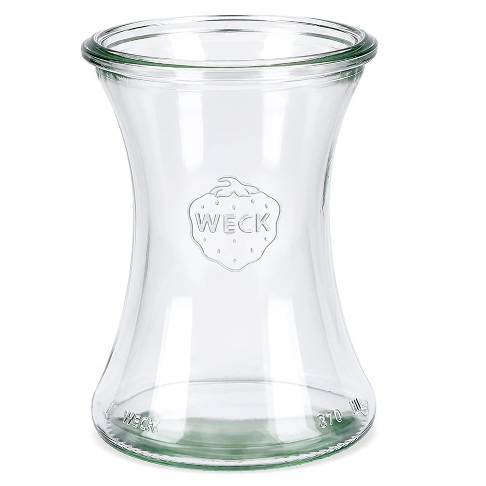 Słoik delikatesowy WECK RR80 o pojemności 370 ml Słoik delikatesowy WECK 370ml RR80 wykonany z przezroczystego szkła z wytłoczonym logo i oznaczeniem pojemności