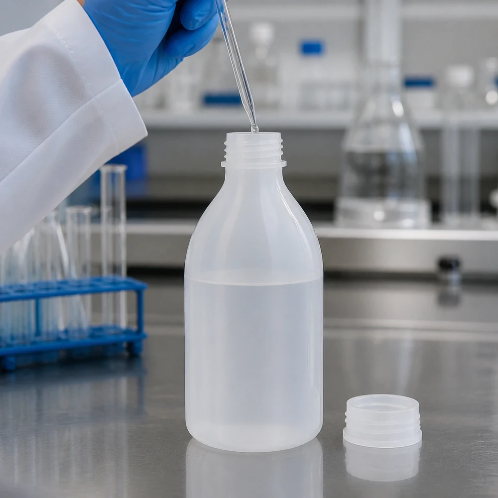 Butelka laboratoryjna 250 ml z wąską szyjką bez zakrętki Przezroczysta butelka laboratoryjna o wąskiej szyjce, pojemność 250 ml, bez nakrętki, z pipetą, napełniona w laboratorium
