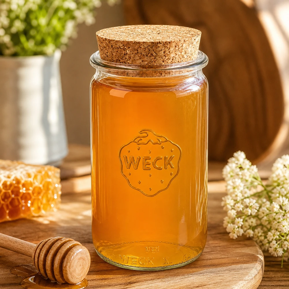 Słoik cylindryczny 340ml WECK RR60 z korkiem naturalny WECK Honigglas 340ml RR60 mit Korkenverschluss auf Holzbrett zwischen Waben und Blüten zeigt natürliche Aufbewahrung