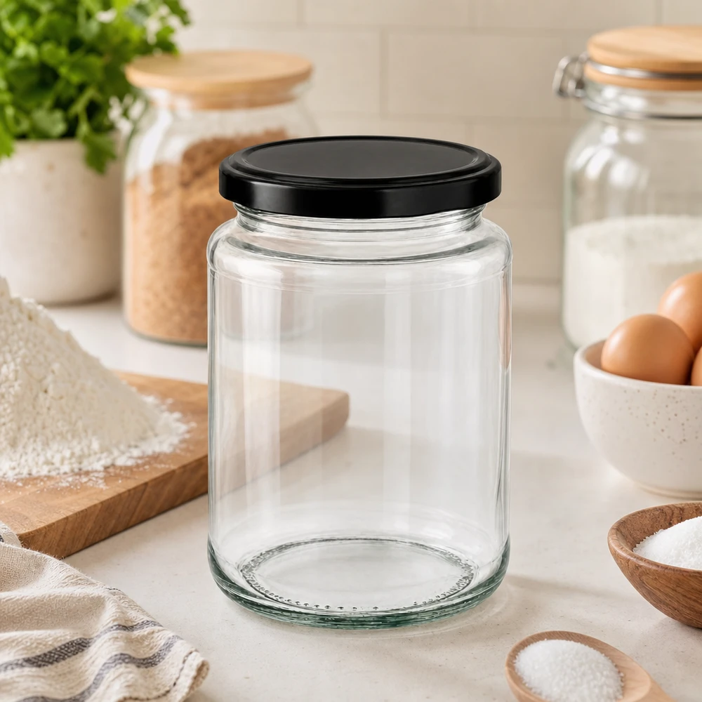 Okrągły słoik 382 ml z pokrywką BasicSeal czarny w nowoczesnej kuchni między słoikami do przechowywania jajek i przyborów kuchennych