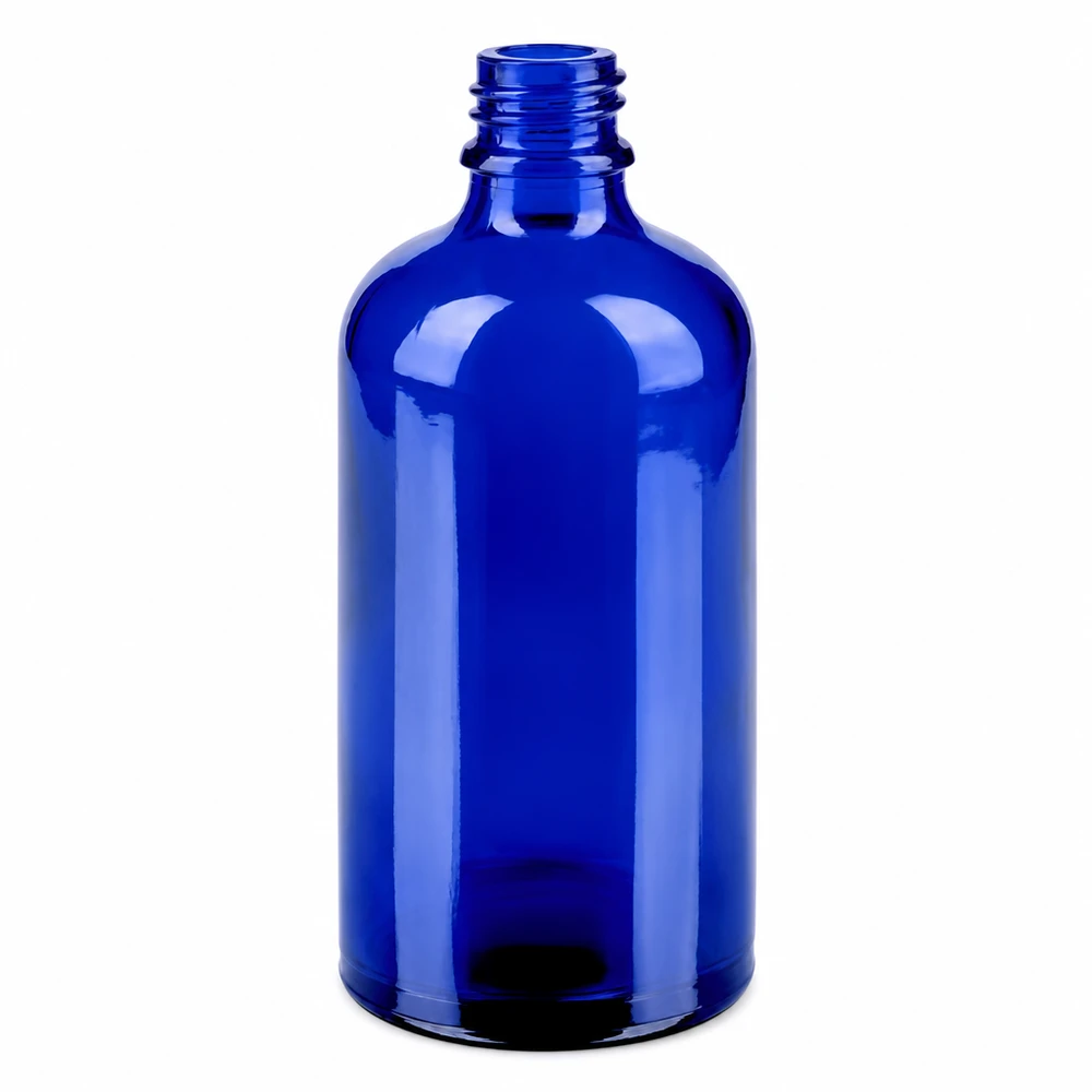 Niebieska szklana butelka 100 ml z gwintem do aerozolu do nosa z serii BlueLine