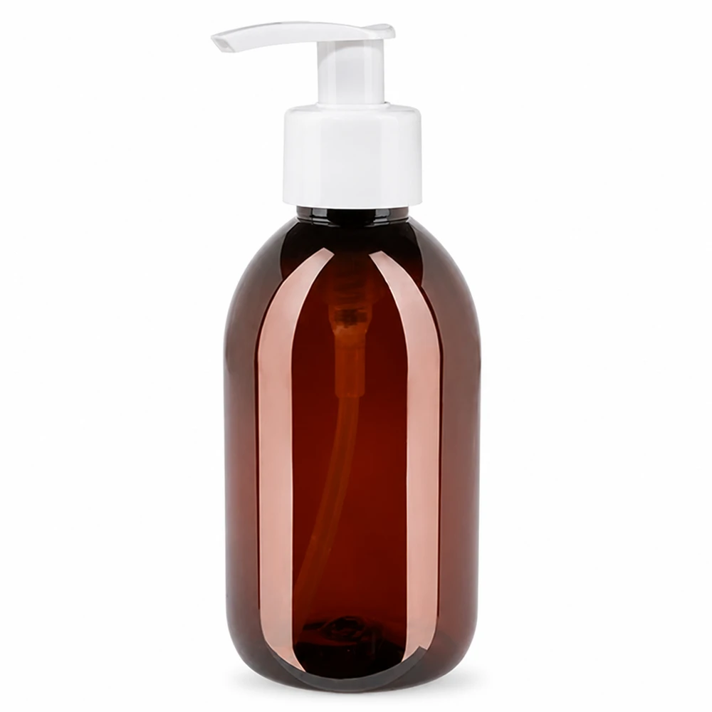 Runde PET Dispenserflasche 250ml bernsteinfarben UV-Schutz mit weisser Lotionspumpe