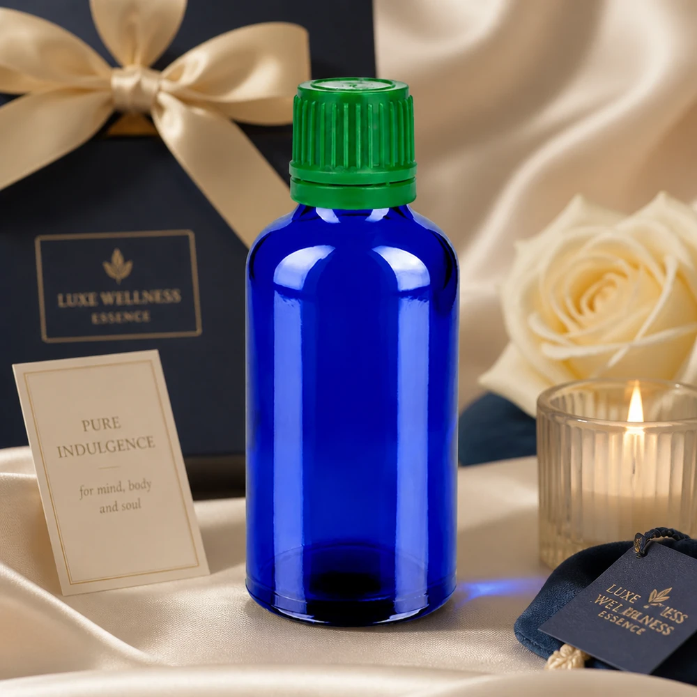 Butelka 50 ml 11 mm SV zielony OV BlueLine UT18/50 Niebieska szklana butelka 50 ml z zieloną zakrętką idealna do kosmetyków DIY i naturalnych produktów wellness