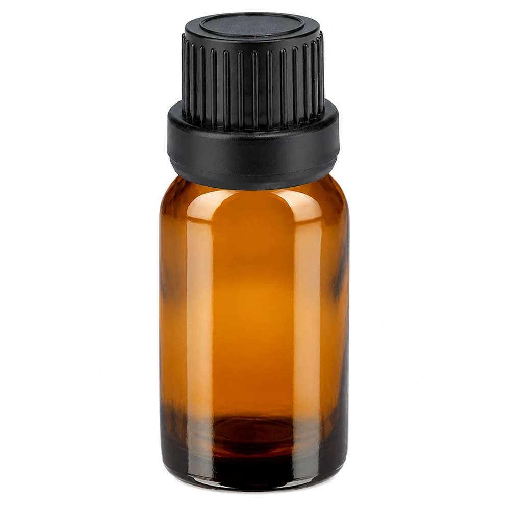 Butelka 10 ml 11 mm SV czarna OV BrownLine UT18/10 Butelka z bursztynowego szkła o pojemności 10 ml z czarną zakrętką do olejków eterycznych i kosmetyków
