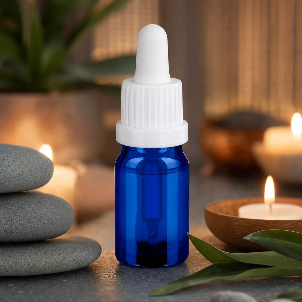 Praktyczna butelka z pipetą o pojemności 5 ml i białą pipetą, idealna do zastosowań w aromaterapii i odnowie biologicznej.