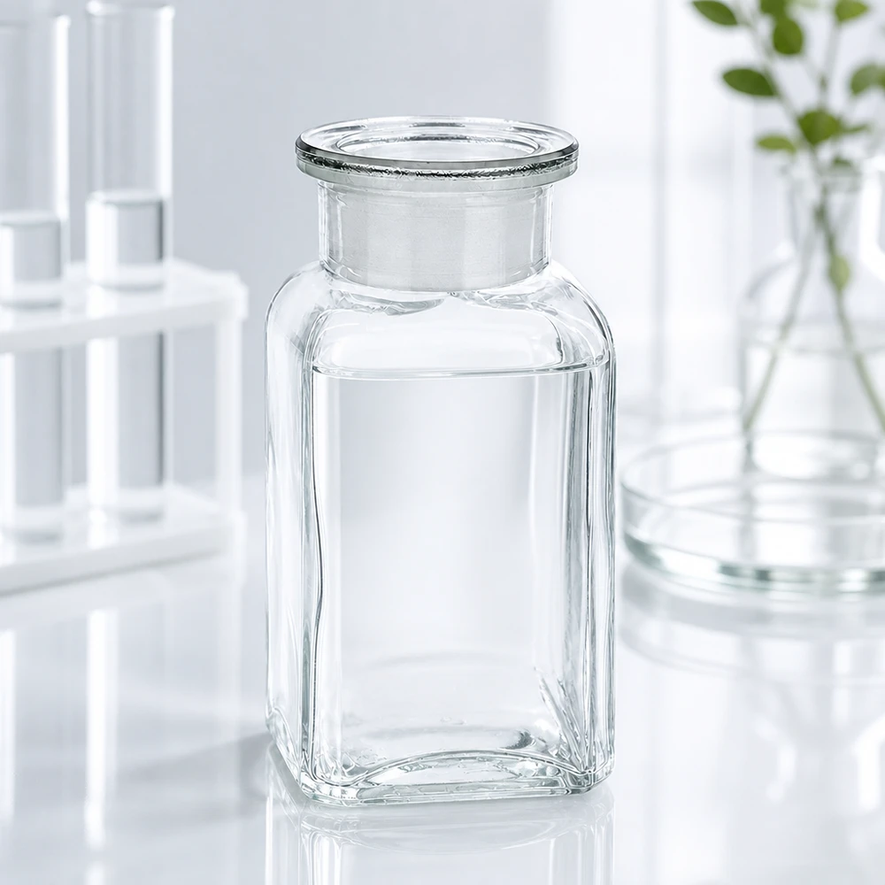 Przezroczysta butelka kwadratowa o szerokiej szyjce, pojemność 100 ml, wykonana ze szkła borokrzemowego, z szlifowanym korkiem szklanym