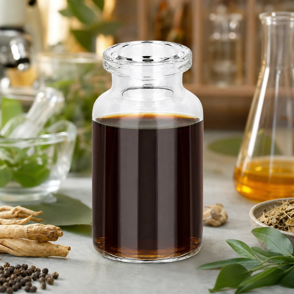 Butelka iniekcyjna z przezroczystego szkła 10 ml Zylindrische Injektionsflasche 10ml Klarglas mit dunklem Kräuterkonzentrat und getrockneten Wurzeln