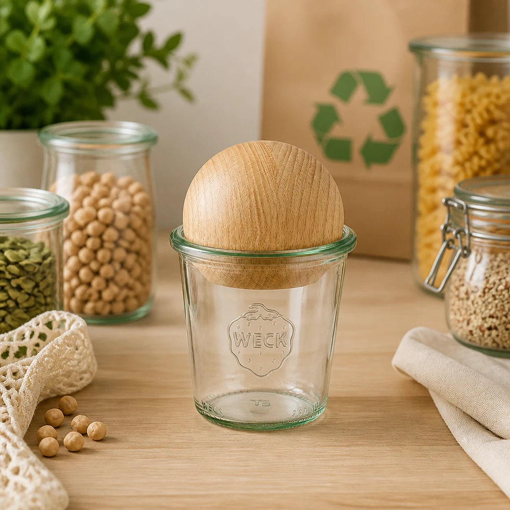 Kubki WECK 290ml RR80 z bukową kulką w zrównoważonej kuchni bez odpadów między słoikami do przechowywania i symbolem recyklingu