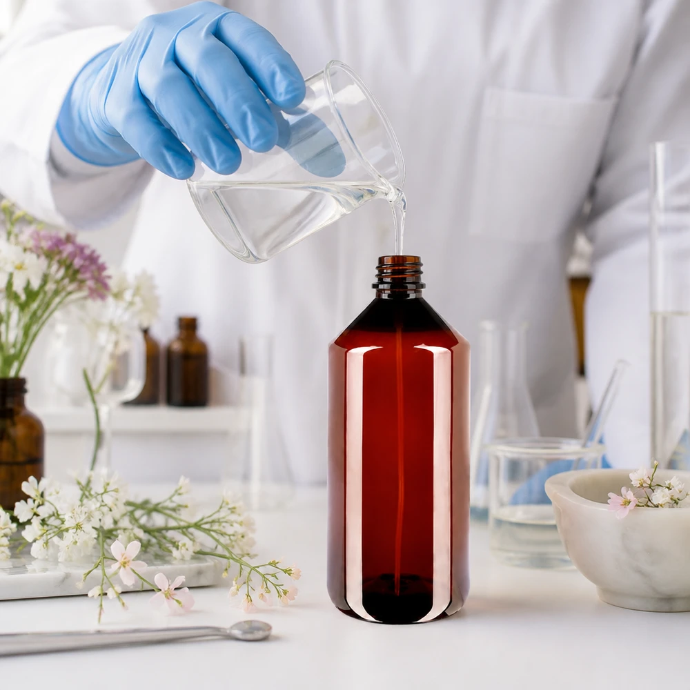 Butelka PET 1000ml z atomizerem czarna Laborant w białym fartuchu nalewa przezroczysty płyn do bursztynowej butelki PET o pojemności 1000 ml