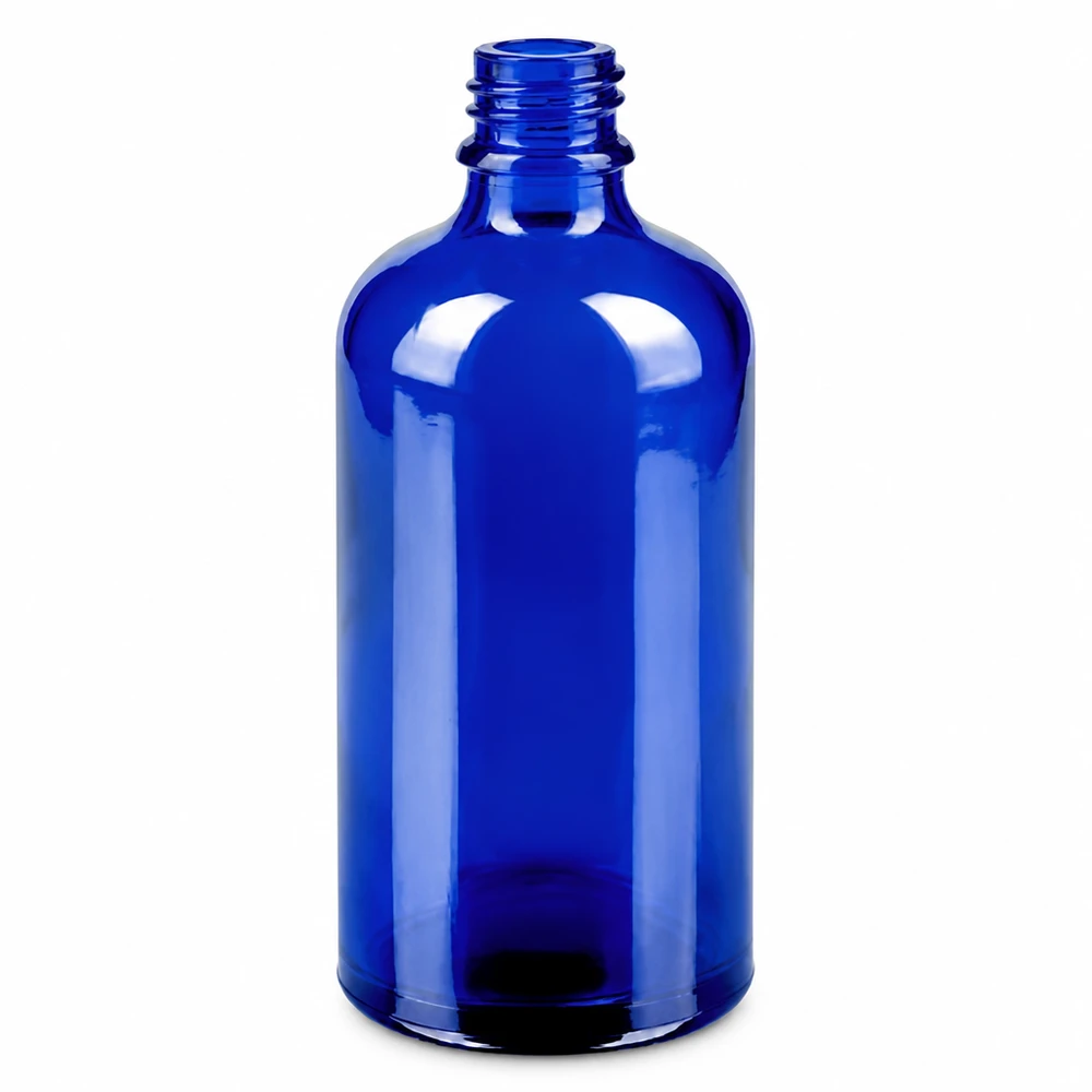 Niebieska szklana butelka z rozpylaczem 100 ml z gwintem do olejków eterycznych i perfum