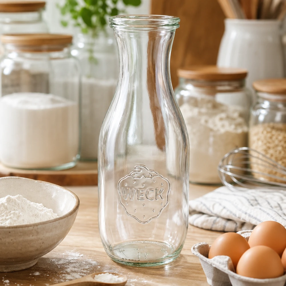 Butelka na sok o pojemności 1062 ml z szklaną pokrywką WECK RR60 Butelka po soku WECK 1062 ml pusta w kuchni ze składnikami do pieczenia, mąką, jajkami i słoikami do przechowywania na drewnianym blacie kuchennym