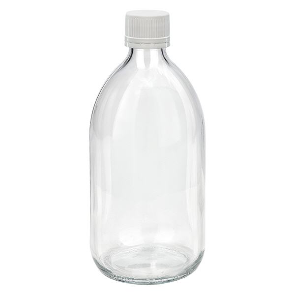 Butelka na lek 500 ml przezroczysta, zakr&#281;tka bia&#322;a/drobna z pier&#347;cieniem ApoGlas umo&#380;liwiaj&#261;cym &#322;atwe manipulowanie. Farmaceutyczna jako&#347;&#263; produkcji UE. Gwint 28 mm (PP28). (syrop, butelka z lekkiego szk&#322;a)