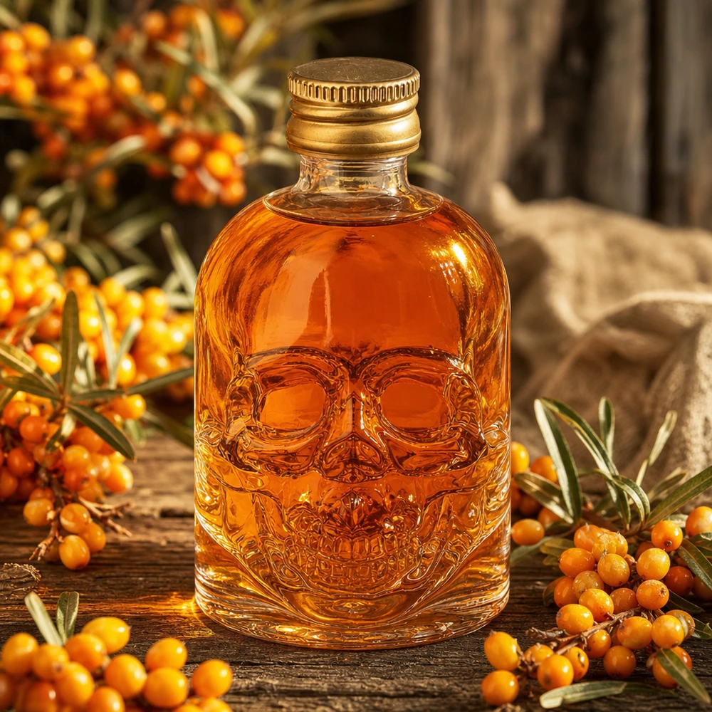 50 ml szklana butelka Hector z płaskorzeźbą czaszki i bursztynową zawartością pomiędzy jagodami rokitnika na drewnianym stole