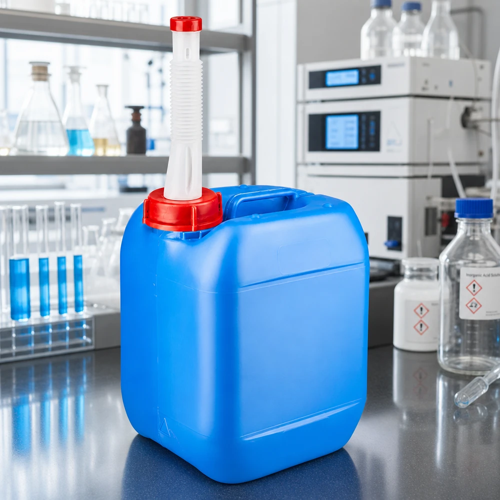 Kompaktowy kanister laboratoryjny o pojemności 5 l w kolorze niebieskim z praktycznym wylewkiem, zapewniającym bezpieczną obsługę substancji chemicznych