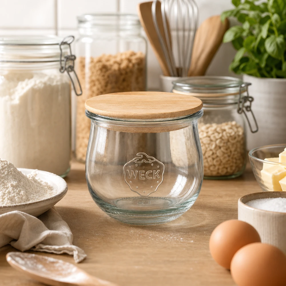 Słoik tulipanowy WECK RR80 o pojemności 370 ml z drewnianą pokrywką Słoik WECK tulipan 370ml RR80 z drewnianą pokrywką zaaranżowany w nowoczesnej kuchni między słoikami do przechowywania i składnikami do pieczenia