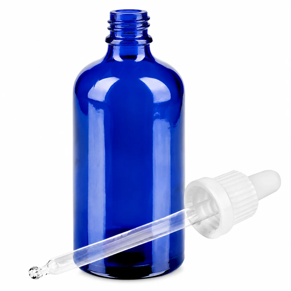 Niebieska szklana butelka 100 ml z pipetą do olejków eterycznych i kosmetyków BlueLine UT18/100