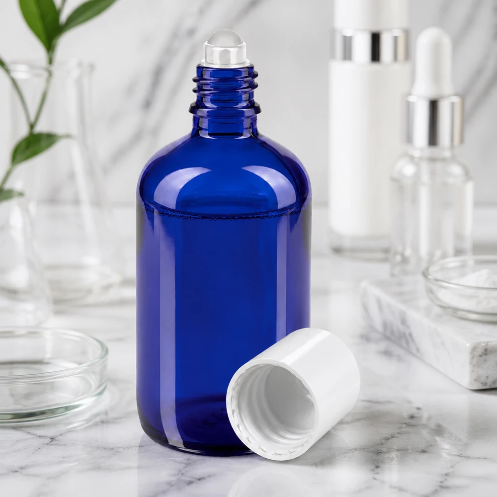 Niebieska szklana butelka o pojemności 100 ml z kulką i białą nakrętką na marmurowym tle