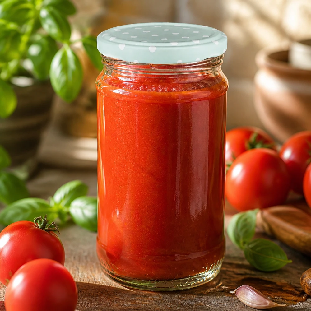 Sos pomidorowy w okrągłej szklanej butelce UNiTWIST o pojemności 370 ml z miętową pokrywką BasicSeal z kropkami obok świeżych pomidorów