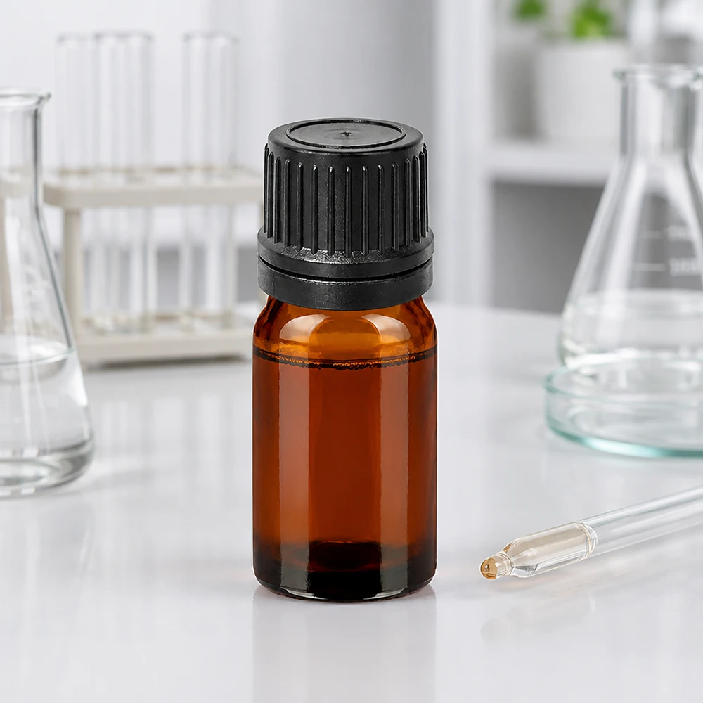 Kompaktowa butelka z zakraplaczem o pojemności 5 ml wykonana z bursztynowego szkła chroniącego przed promieniowaniem UV z czarną nasadką OV do użytku laboratoryjnego