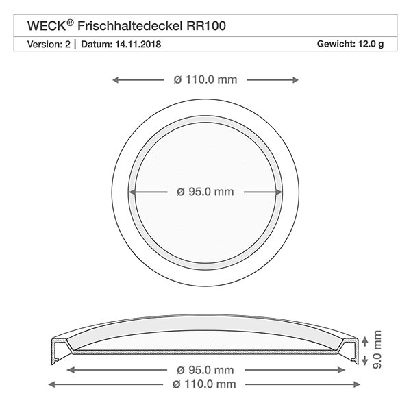Słoik o pojemności 370 ml z pokrywką zachowującą świeżość WECK RR100 Rysunek techniczny pokrywki WECK RR100 o wymiarach 110 mm i średnicy 95 mm do słoika Gugelhupf