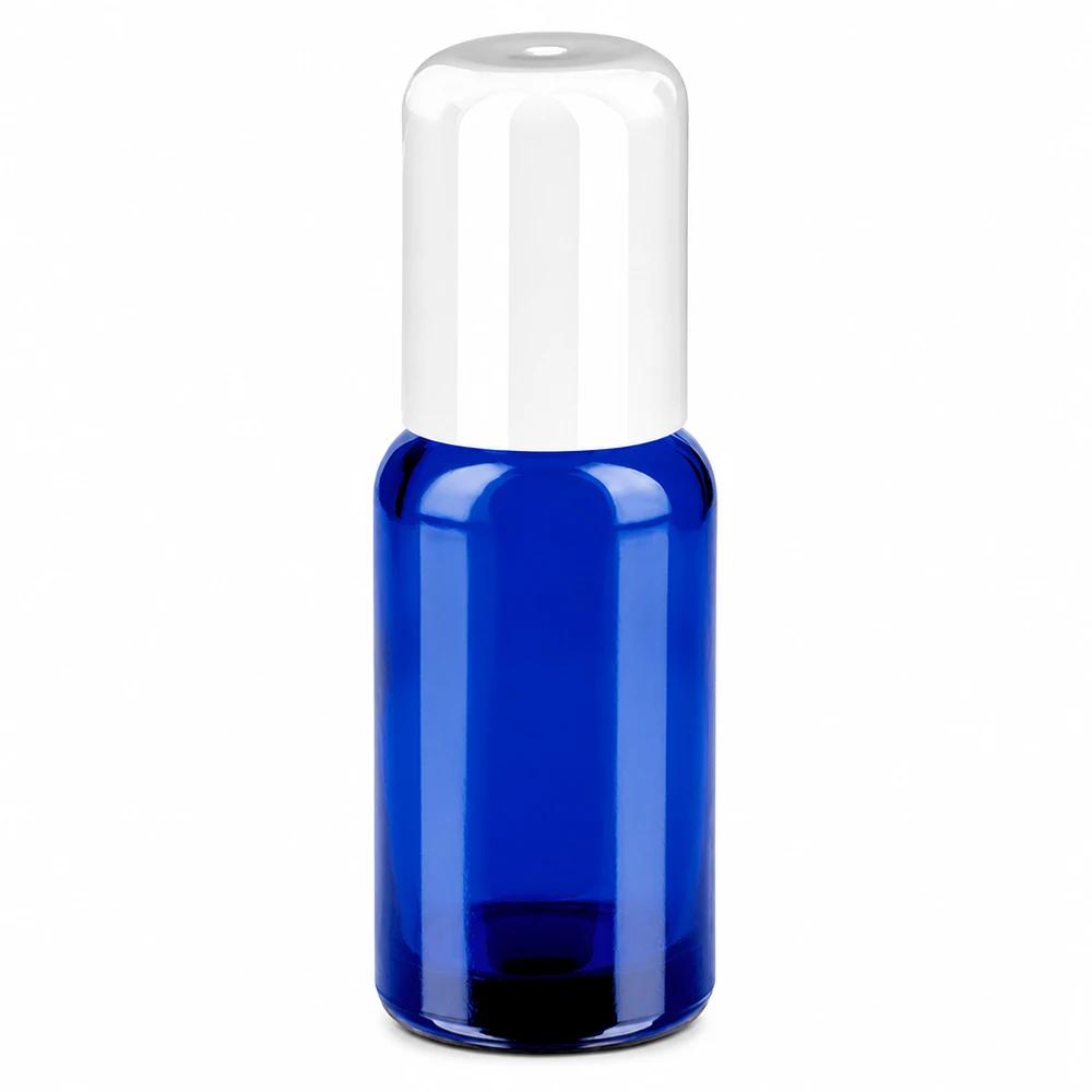 Butelka roll-on 20 ml niebieska z białą nakrętką do kosmetyków i olejków eterycznych