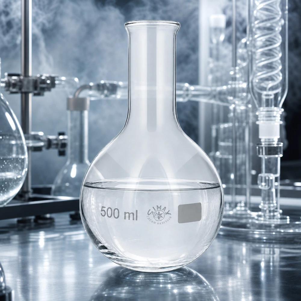 Profesjonalna kolba okrągłodenna o pojemności 500 ml ze stabilną podstawą do zastosowań laboratoryjnych i syntez chemicznych