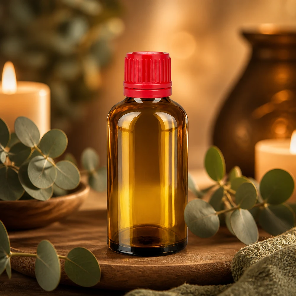 Butelka aptekarska 50 ml z brązowego szkła z czerwoną nasadką zabezpieczającą przed dziećmi do olejków eterycznych