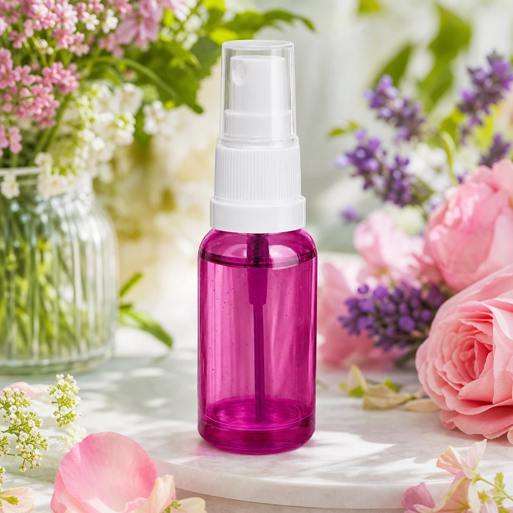 Butelka z rozpylaczem 20 ml biała/przezroczysta Standard PurpleLine UT18/20 Butelka z rozpylaczem o pojemności 20 ml wykonana z wysokiej jakości przezroczystego plastiku z białą głowicą rozpylającą w kolorze fioletowym