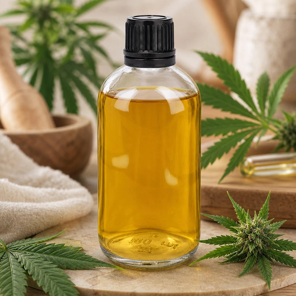 Szklana butelka o pojemności 100 ml wypełniona olejem CBD, otoczona liśćmi i kwiatami konopi